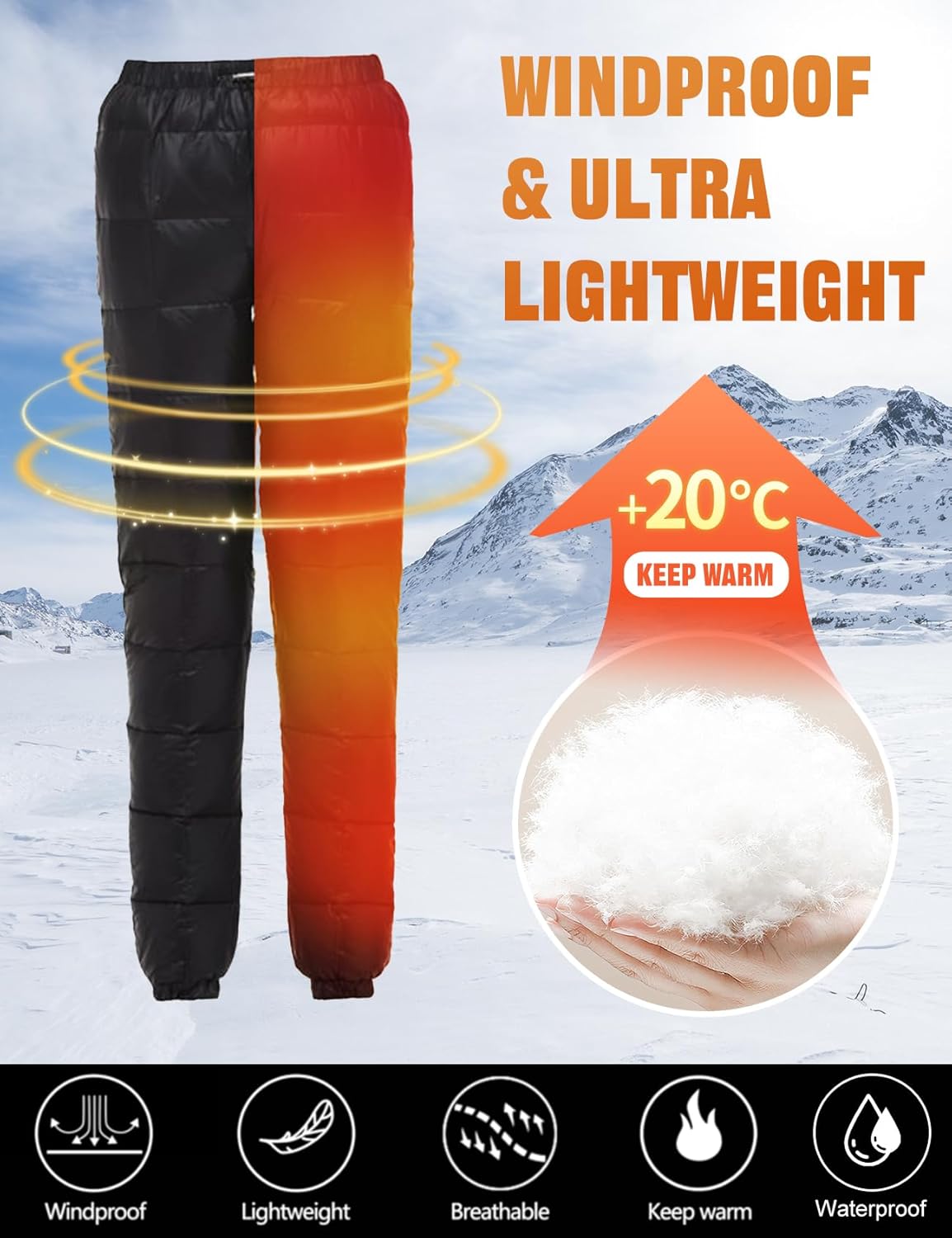 Flygo Womens Snow Pants Packable Winter Waterproof Windproof Outdoor Ultralight Warm Down Ski Pants Trousers - Image 3