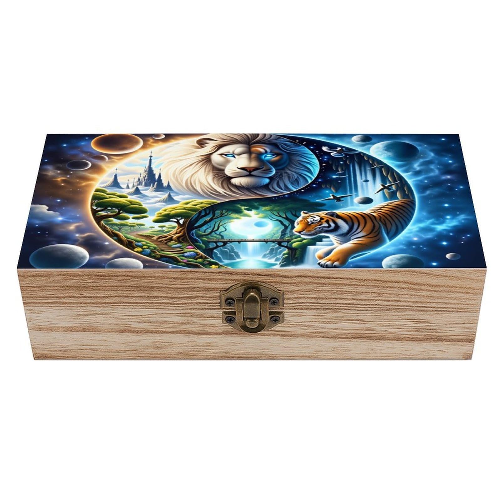 asbwuo Lion And Tiger Yin-yang Realm Vintage Wooden Keepsake Box