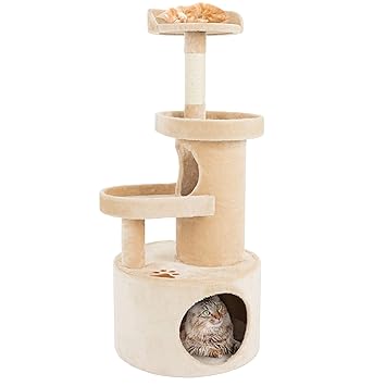 4-Tier Cat Tower - 3 Napping Perches, Cat Condo with Tunnel, Sisal Rope Scratching Post ? Cat Tree for Indoor Cats or Multiple Pets PETMAKER (Tan)