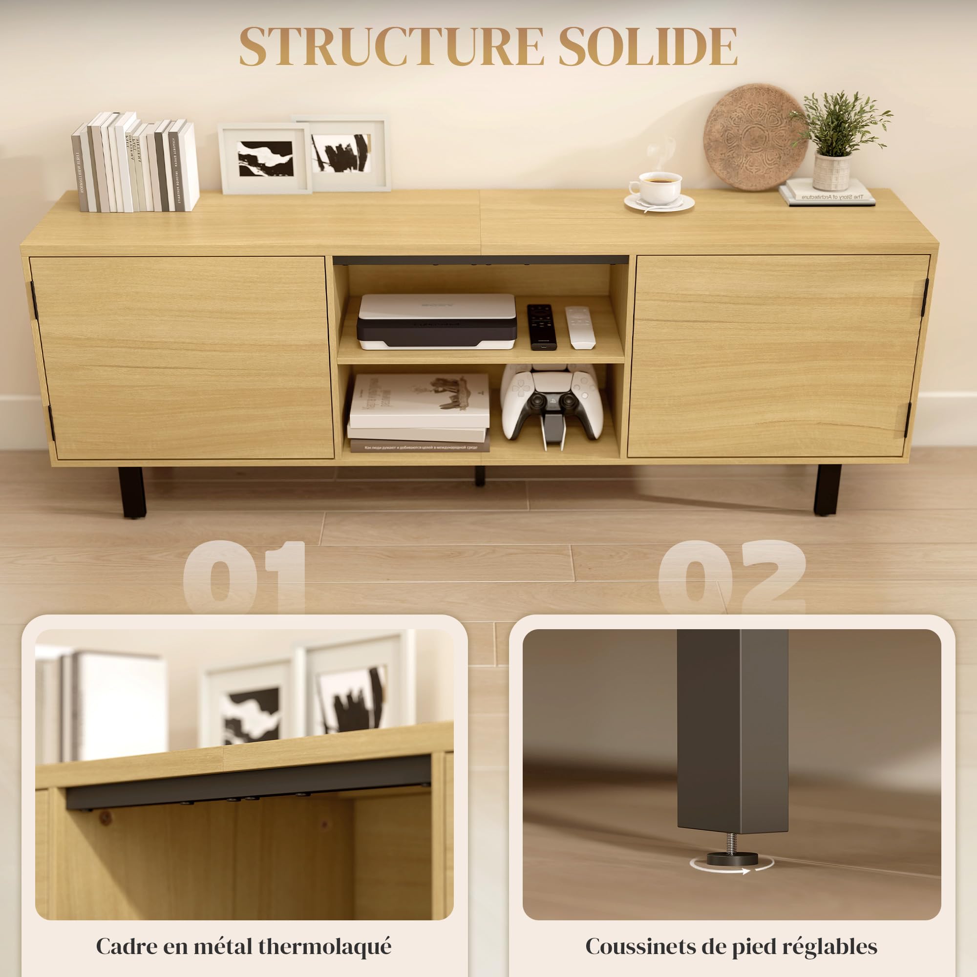 Soporte de TV HOMCOM 160 cm, soporte de TV para televisores de hasta 65" con 2 puertas y 2 estantes abiertos, patas de metal, banco de TV para salón, dormitorio, madera natural