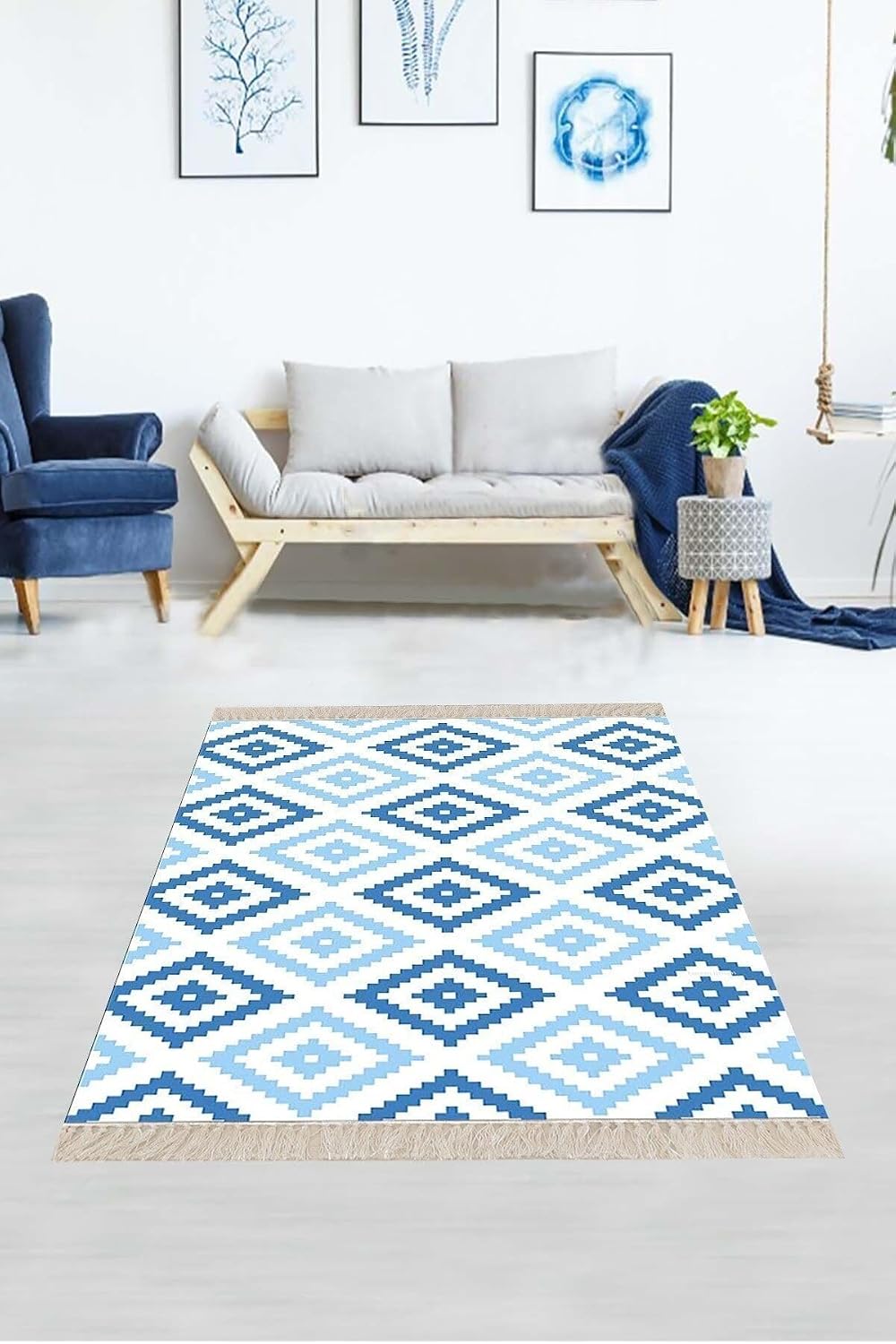 Pelangi Geometrik Baklava Dilimi Karo Desenli Dijital Baskı Yıkanabilir Kaymaz Halı 160x230cm, Mavi 100 x 150