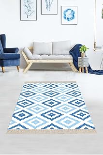 Pelangi Geometrik Baklava Dilimi Karo Desenli Dijital Baskı Yıkanabilir Kaymaz Halı 160x230cm, Mavi 100 x 150