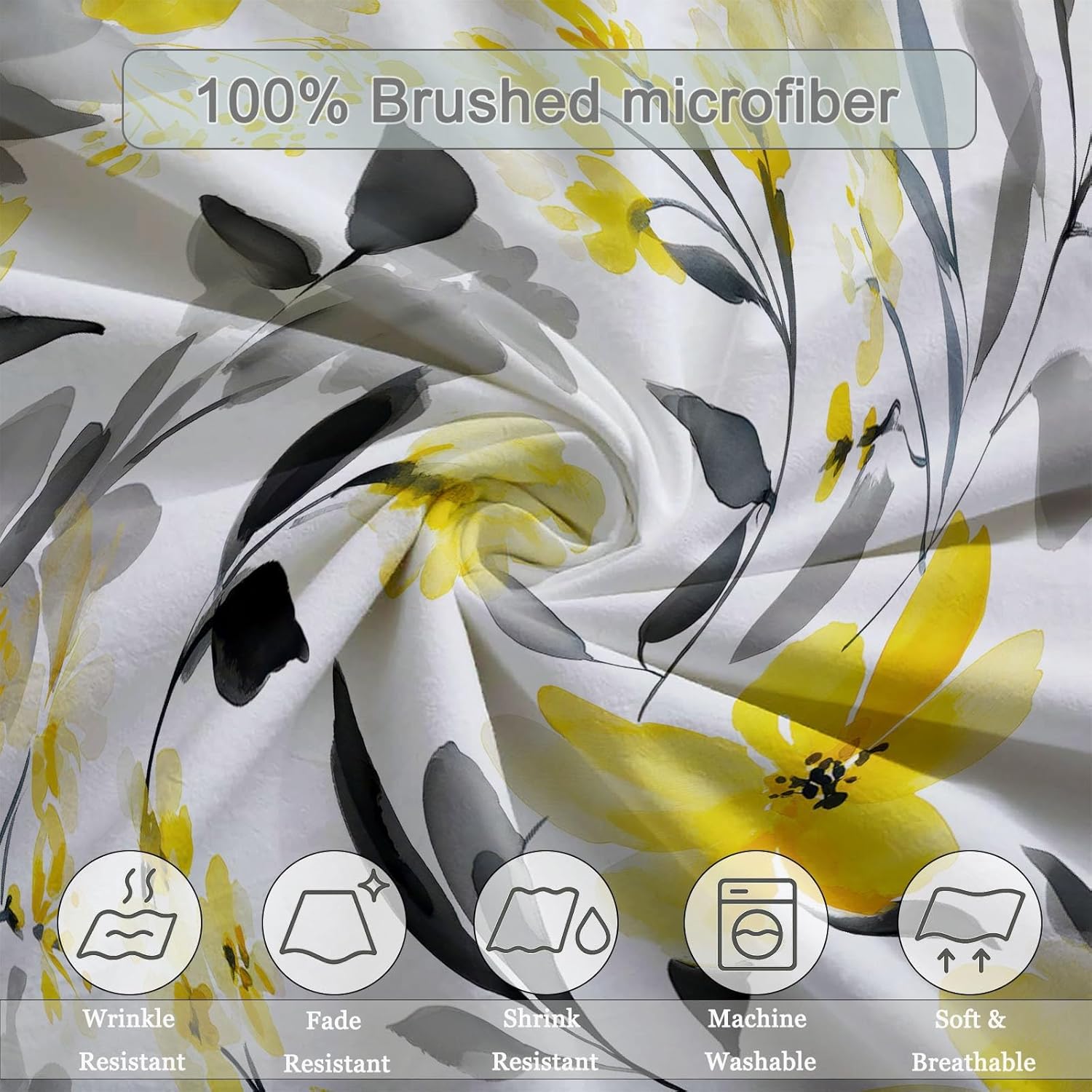 Duvet Cover for Kids Watercolor Plants Flowers Leaves Quilt Cover Sets Reversible Soft Bedspread Cover Room Decor, Yellow Gray Bedding Set 3Pcs Zipper Closure Boys Girls Teens (Queen Size 90"x90")