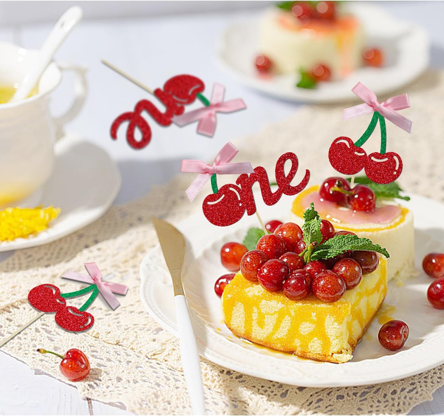 24 Pack Cherry 1st Birthday Cupcake Toppers, Glitter Cherry First Birthday Cake Pick for Fruits Theme One Birthday Party Cake Decorations Supplies (Ribbon One) - Image 4