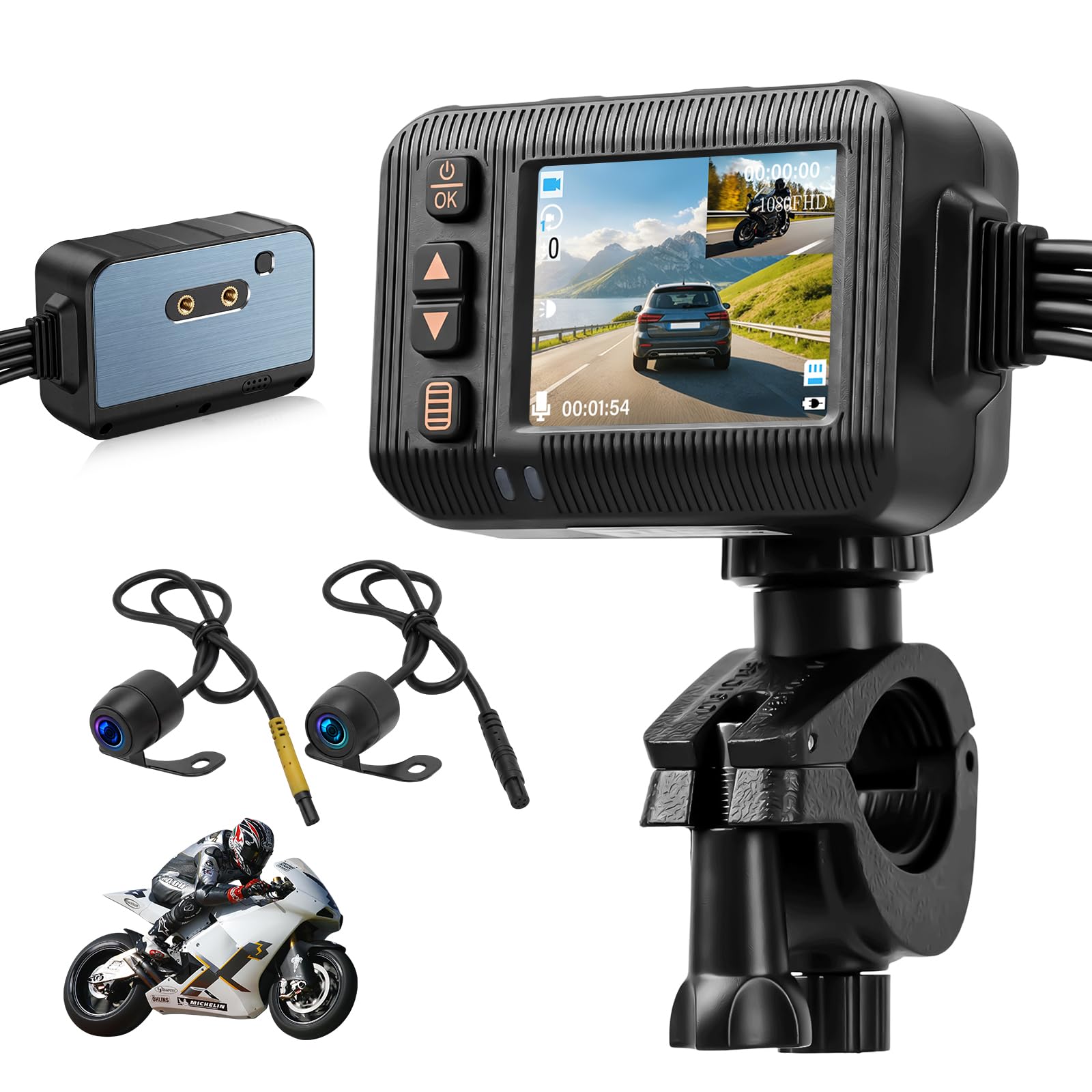 CAMECHO Motorrad Dashcam 2 Zoll Bildschirm, Kamera Doppellinse 1080P Vordere 120° und Hintere 720P 90°, IP67 Wasserdicht, Motorradkamera mit HDR, G-Sensor, Loop-Aufzeichnung