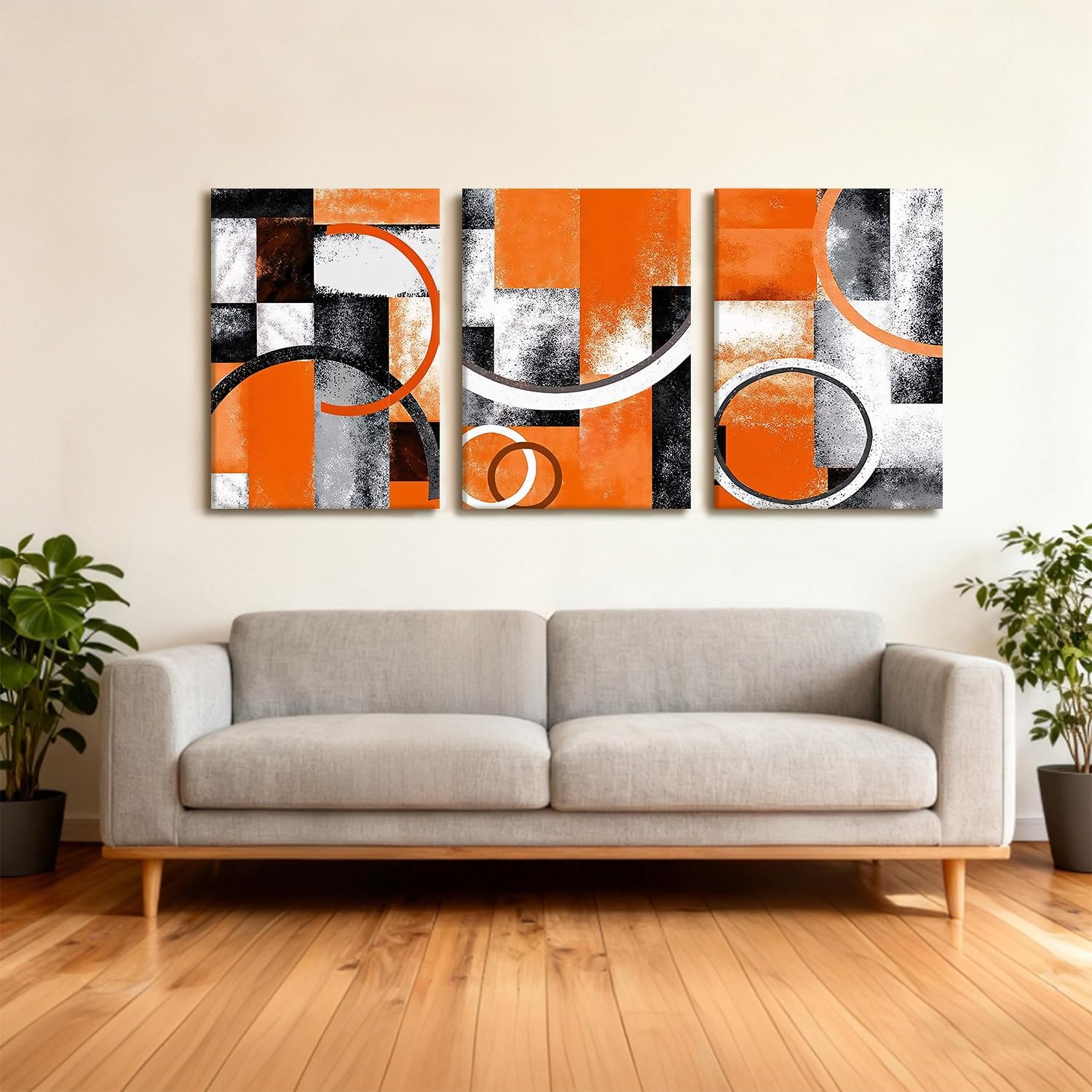 AUUAUU Orange Abstract Geometric Wall Art Set of 3, Modern Minimalist Canvas Prints Wall Decor 16x24 Inch Orange Black and White Pictures Framed Posters for Living Room Bedroom Office