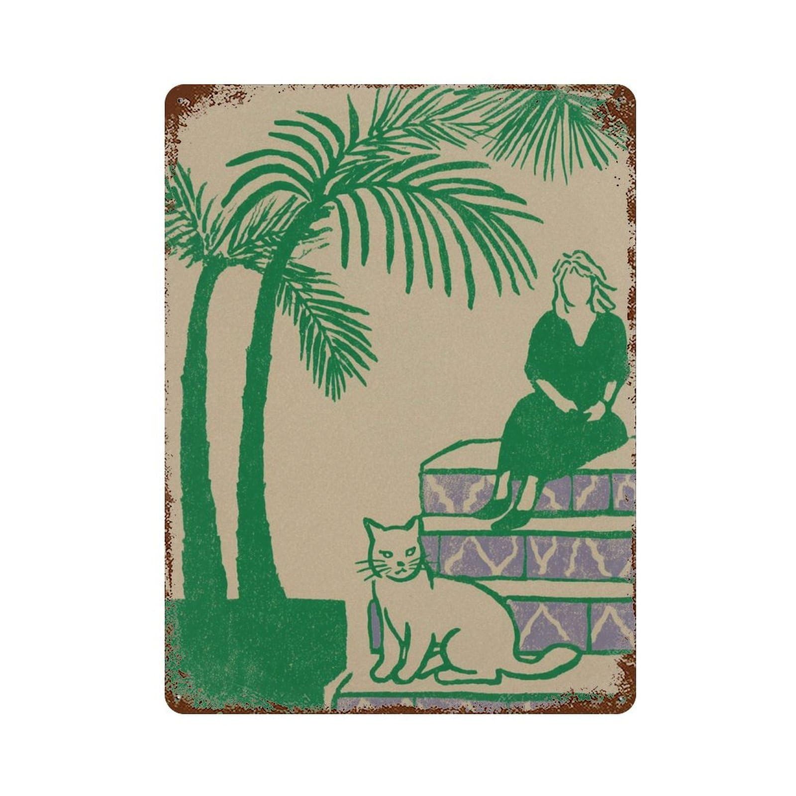 xiaoxiaoshen Green Palm Figurative Cat Tropical Woman Minimal Living Room Mid Century Wall Decor Art Metal Tin Poster Modern Home Decor Art Home Bar Shop Decorations Vintage Sign 40x30cm