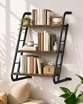 Floating Shelves for Wall,3-Tier Rustic Wood Ladder Wall Shelf,16" Brown