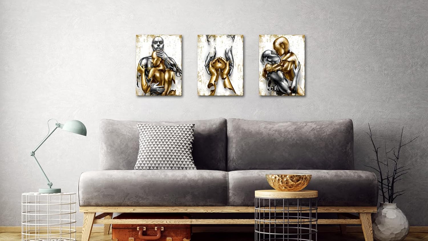 Visual Art Decor Black and Gold Love Decor Grey & Gold Hugging Couple Bedroom Wall Decor Picture Art Prints Framed Canvas Print (White, 12x16inchx3 Pieces)