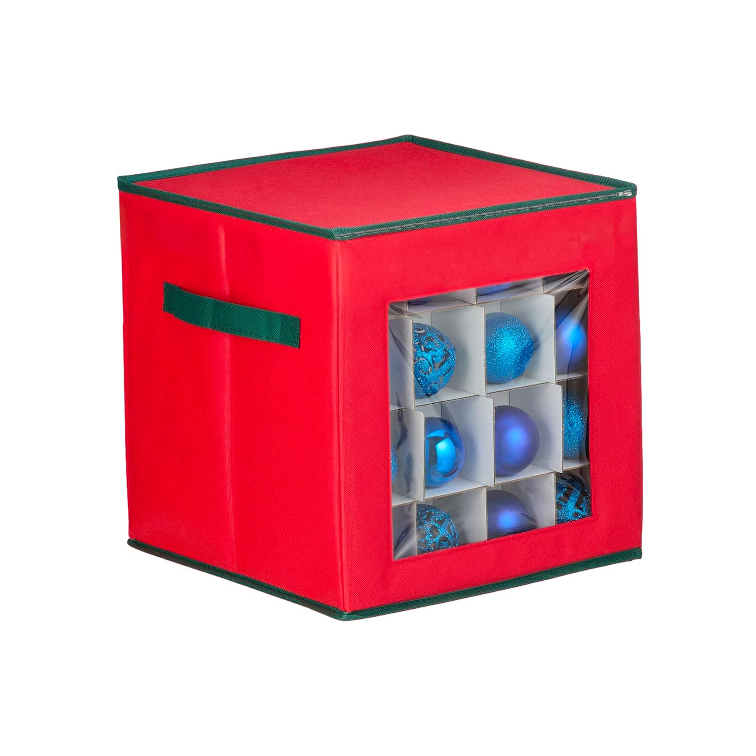 Wintem Storage Box for 64 Christmas Baubles in TNT 30 x 30 x 30 cm with Transparent Front Window, Modular Compartments and Sturdy Zip for Christmas Decorations Easy to Store and Carry