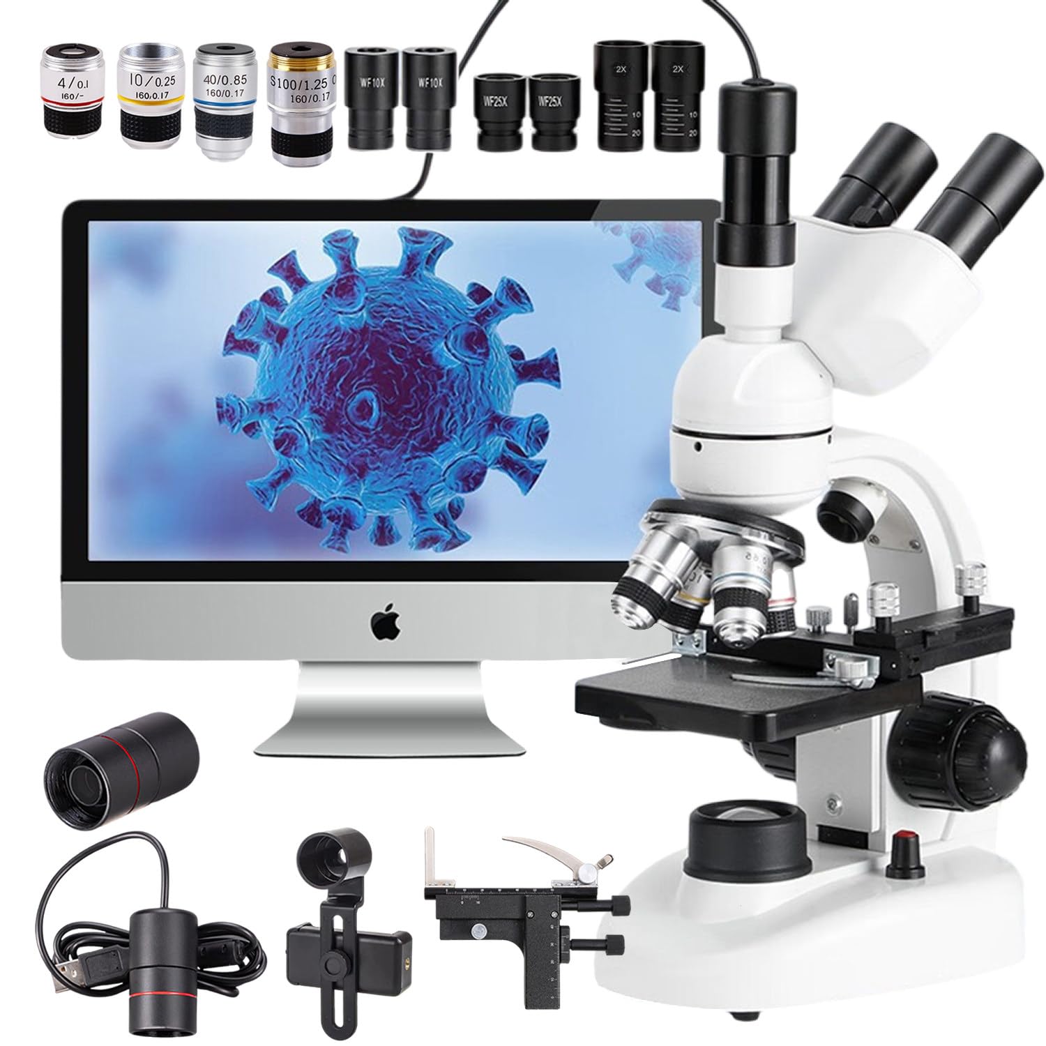 Microscopio professionale a luce composta 5000X con oculare elettronico, obiettivo 4X, 10X, 40X, 100X, microscopio trinoculare aggiornato con supporto per telefono cellulare, calibro, custodia