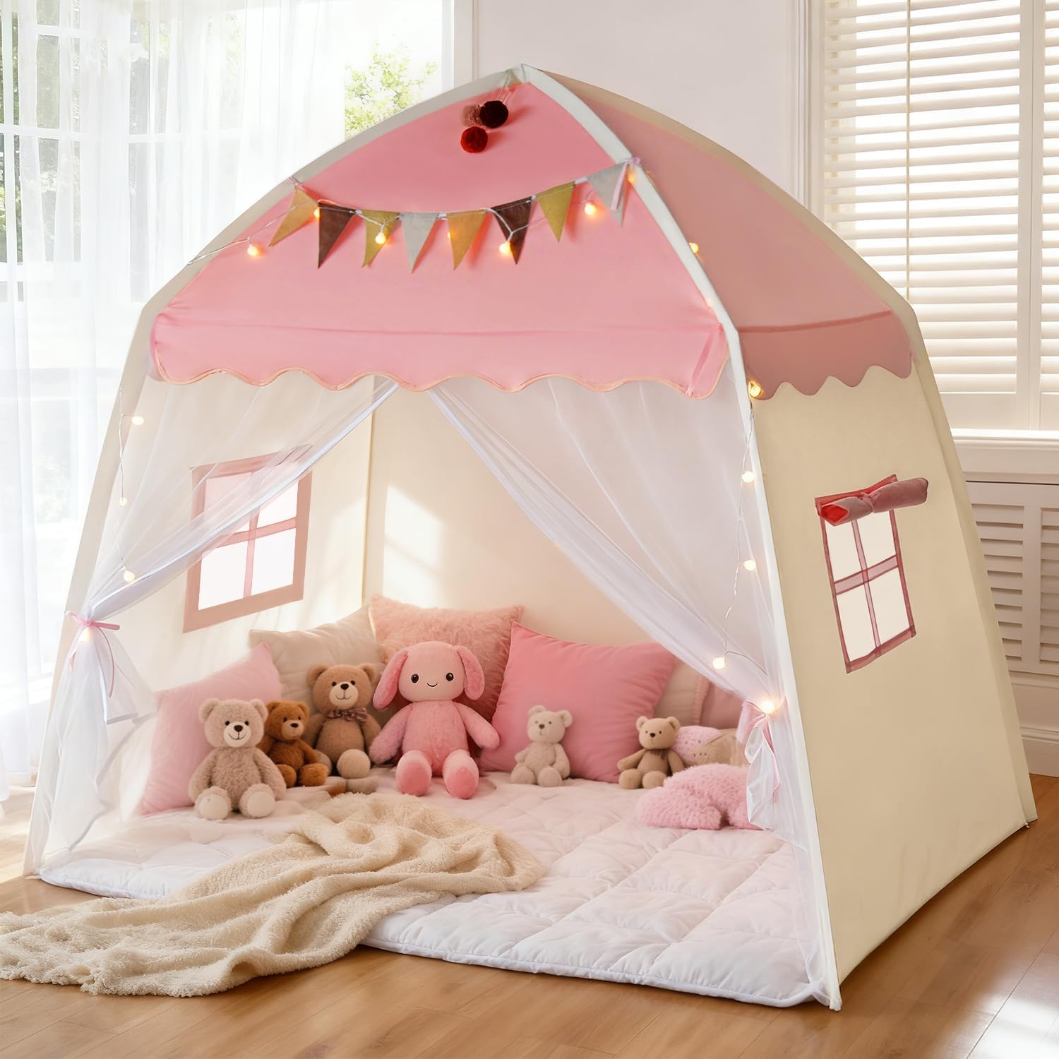 Hiromeco Princess Castle Kids Play Tent Teepee: Large 59x39x59in Reading Nook with Mat, Lights, Mesh Windows for Girls 3-12 Indoor Playroom Fun