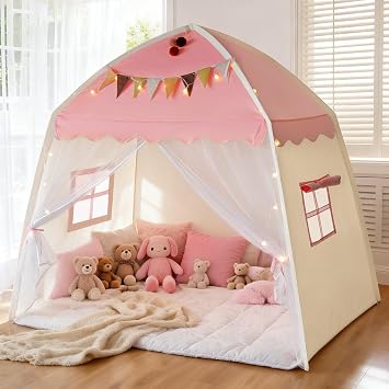Kids Play Tent Indoor Teepee Princess Castle Reading Nook with Mat Lights Carry Bag Mesh Windows Quick Setup for Bedroom Playroom Girls Ages 3-12 - 59x39x59 in