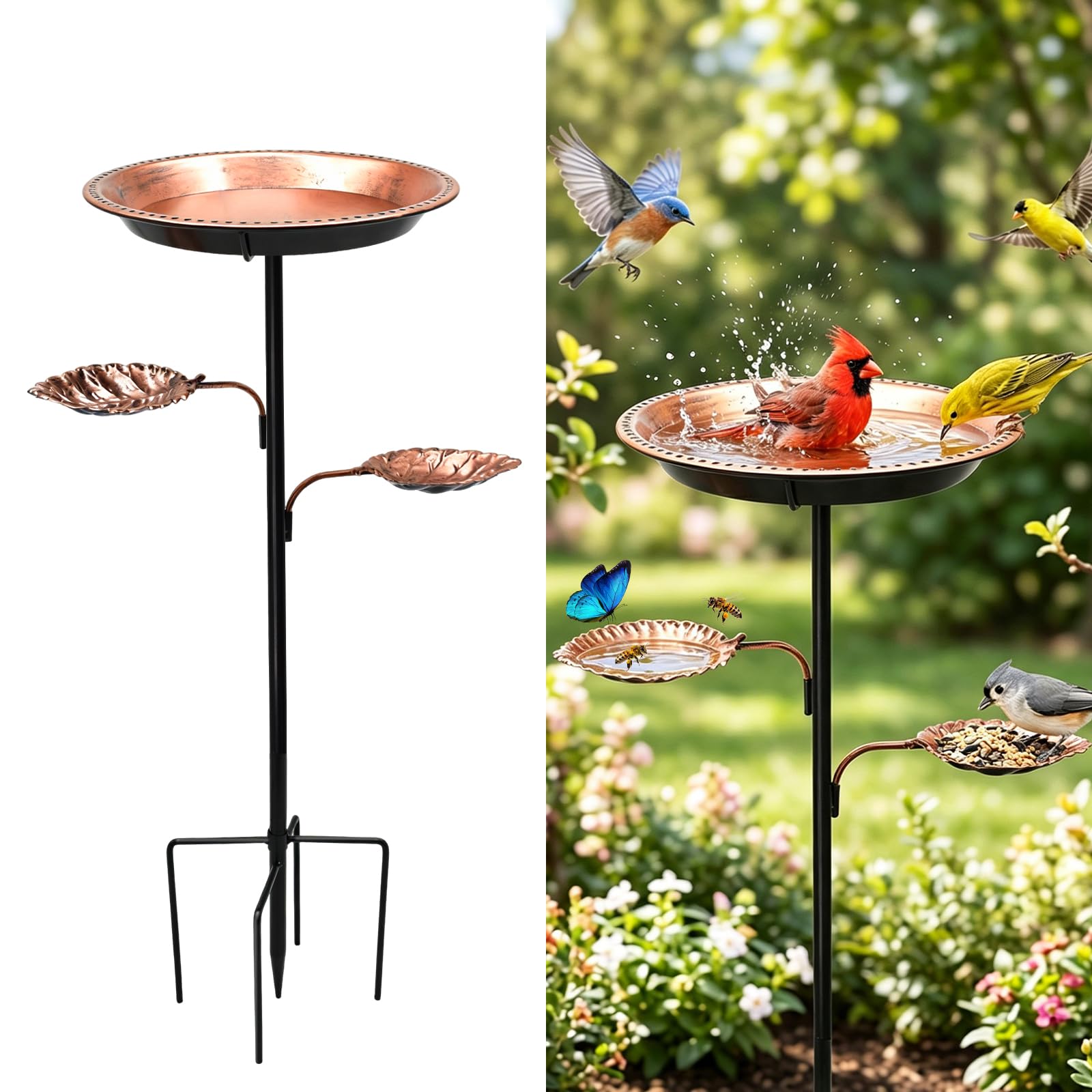 Vasca per Uccelli da Esterno, 92,5 cm Stazione di Irrigazione Autoportante in Metallo con Base a 5 Punte, Abbeveratoio Mangiatoia per Uccelli Decorazione per Giardino Terrazza, Rame