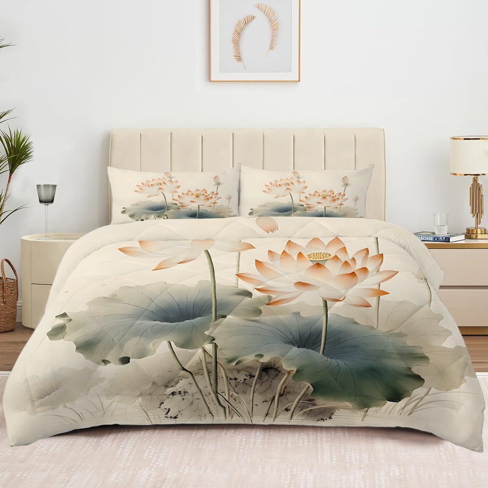 Edredon Nordico Cama 180 Loto, Relleno Nordico 240x260 de Microfibra, Edredón 4 Estaciones Reversible Acuarela, Edredones Estampados Botánico con 2 Fundas de Almohada 50x75 cm U-759