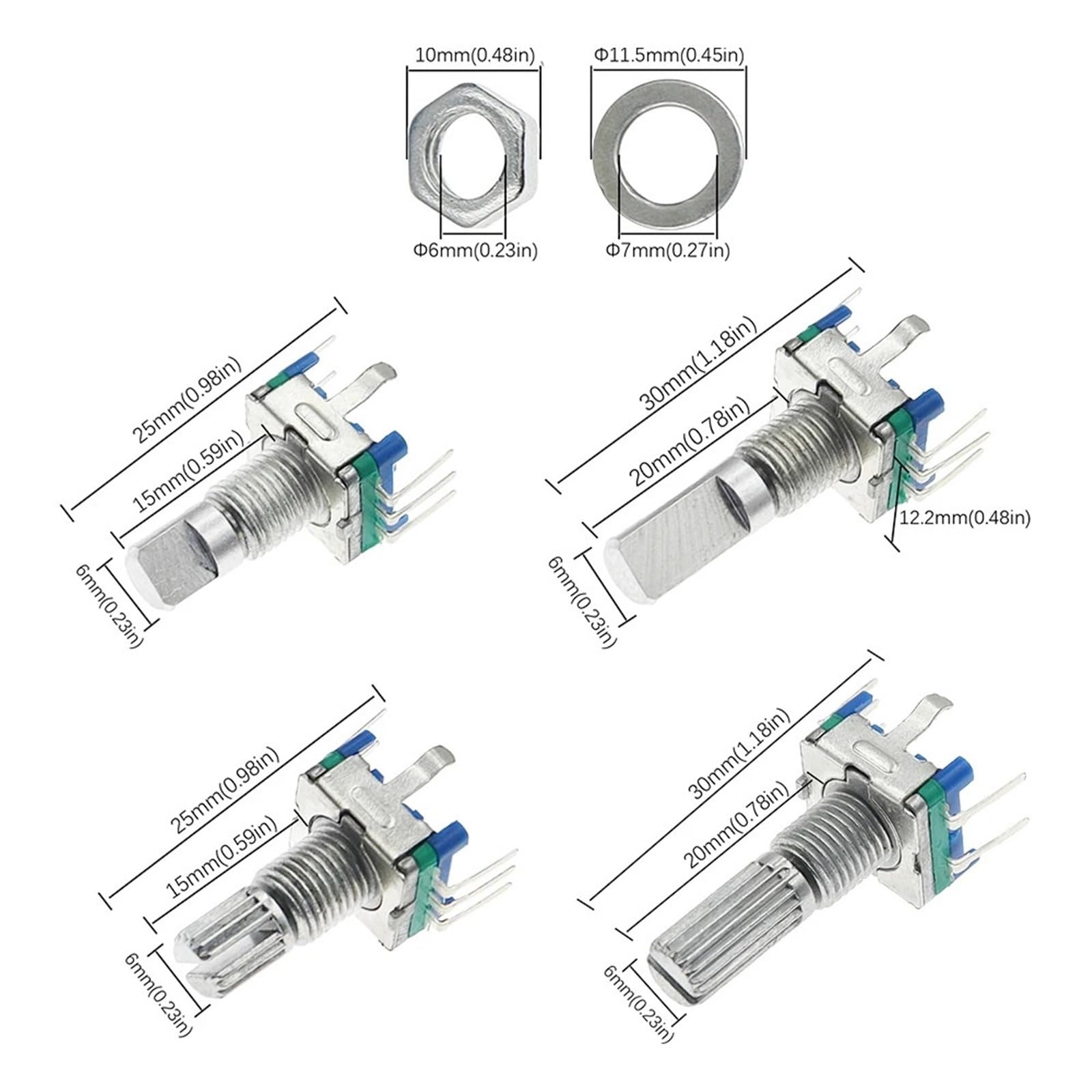 Encoder rotativo a 360 gradi a 20 posizioni EC11, 5 pin, impugnatura lunga 15/20 mm, con interruttore a pulsante integrato, 2 pezzi(15mm Half shaft)