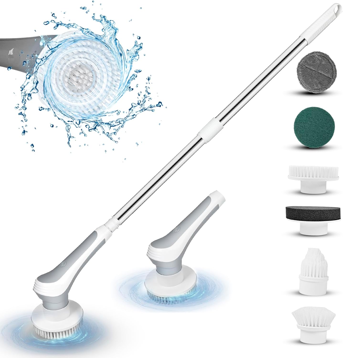 Electric Spin Scrubber Cordless, Power Electric Scrubber with Long Handle, Adjustable Extension Handle, Adjustable Cleaning Brush with 6 Brush Heads for Bathroom, Kitchen Cleaning White