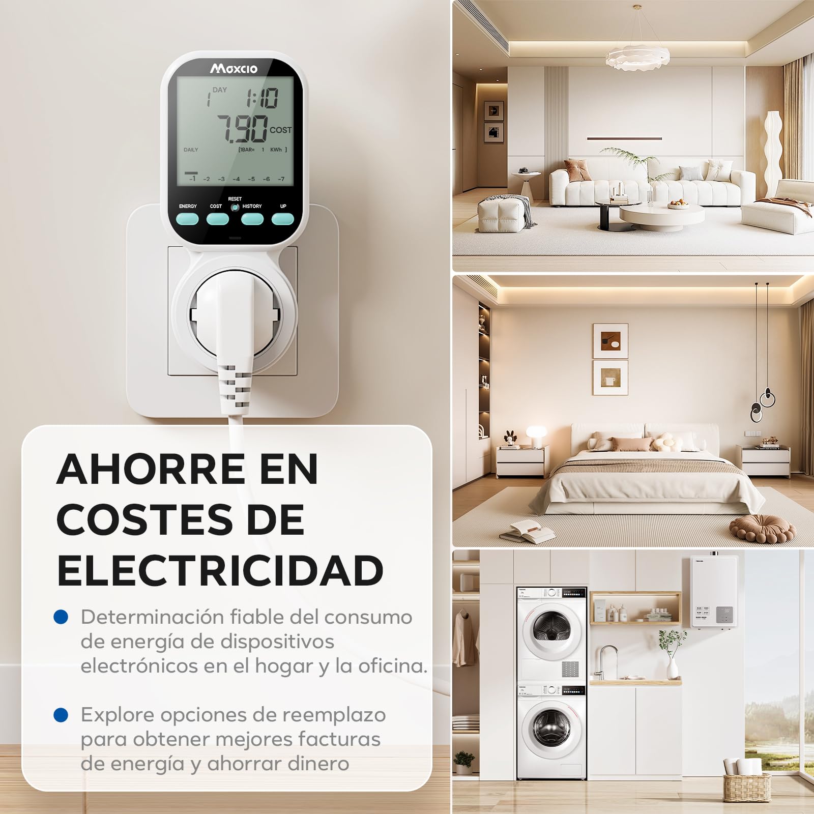 Maxcio Medidor de Consumo de Energía, enchufe de ahorro energético con pantalla LCD retroiluminada, 7 Modos Medidor de Consumo Electrico con Protección contra Sobrecarga, Nuevo Estilo