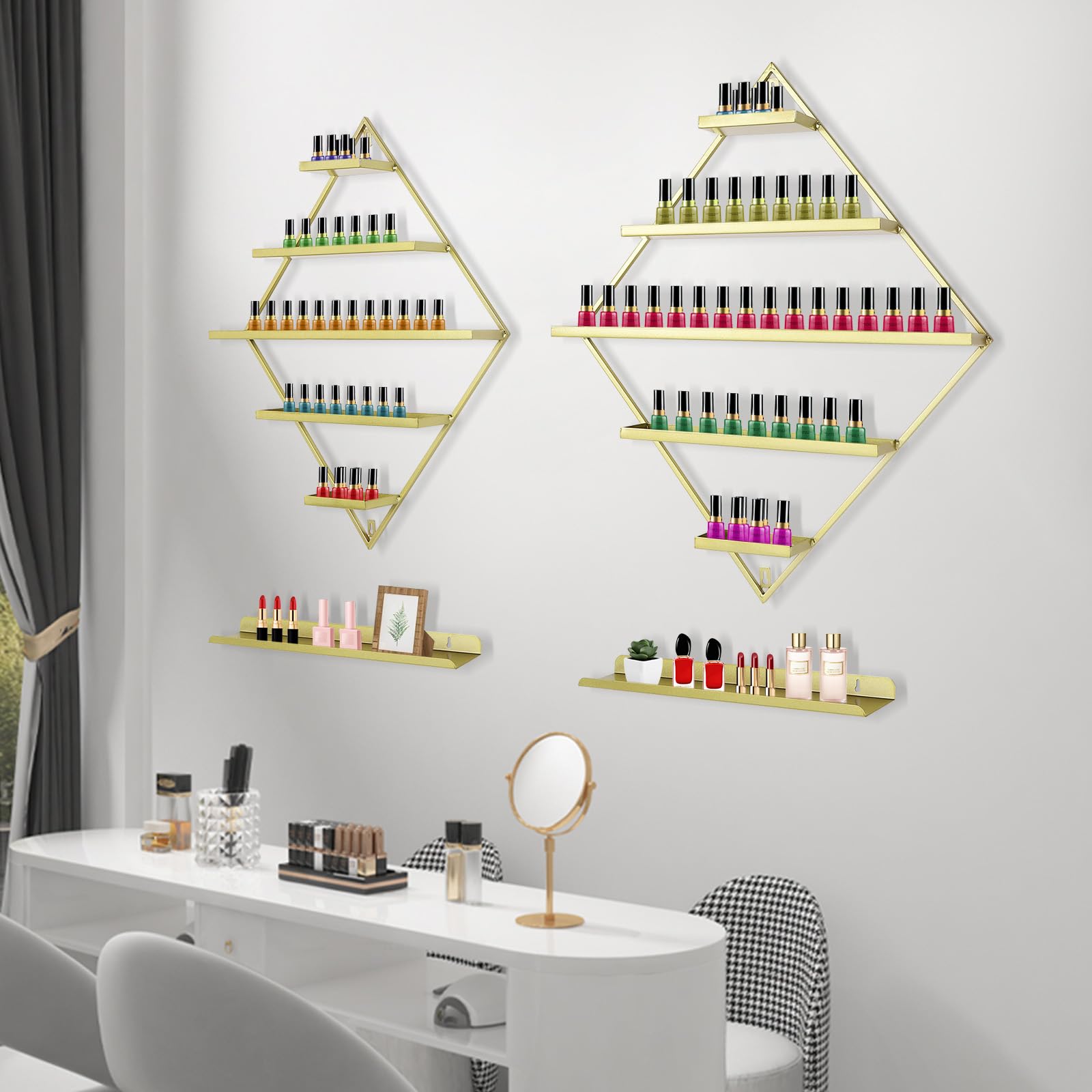 Platzsparendes 5-stöckiges Nagellack-Regal In Gold – Rautenförmiges Design, Wandmontage | Geeignet Für Friseurbedarfsgeschäfte | Kosmetiksalons & Make-up-Räume – Ca. 90 Flaschen | Leicht Zu Reinigen