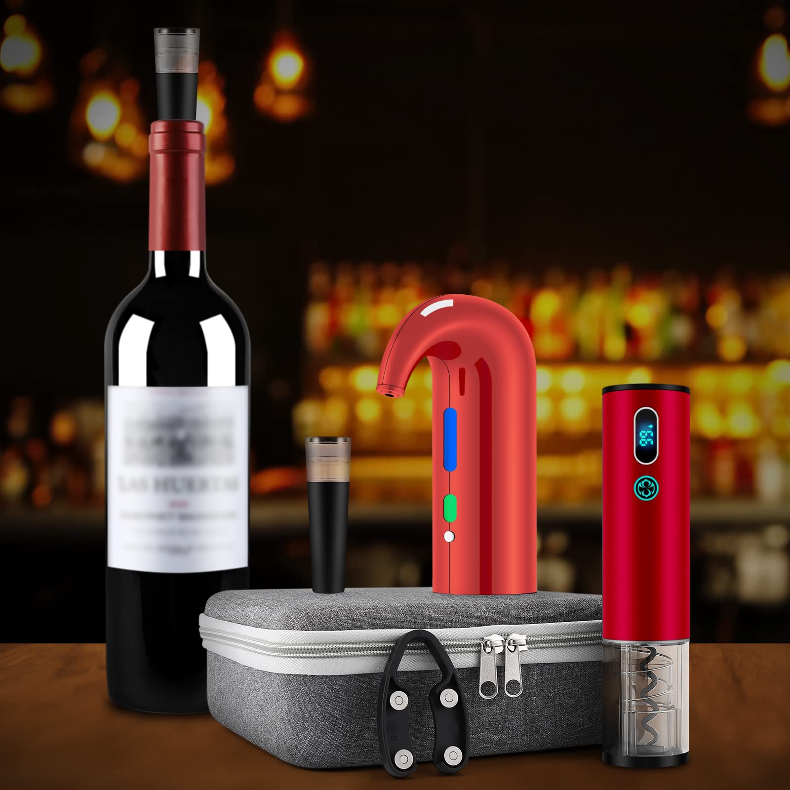 Higfra Juego de abridor de vino eléctrico con aireador, decantador, cortador de aluminio, tapón, rojo