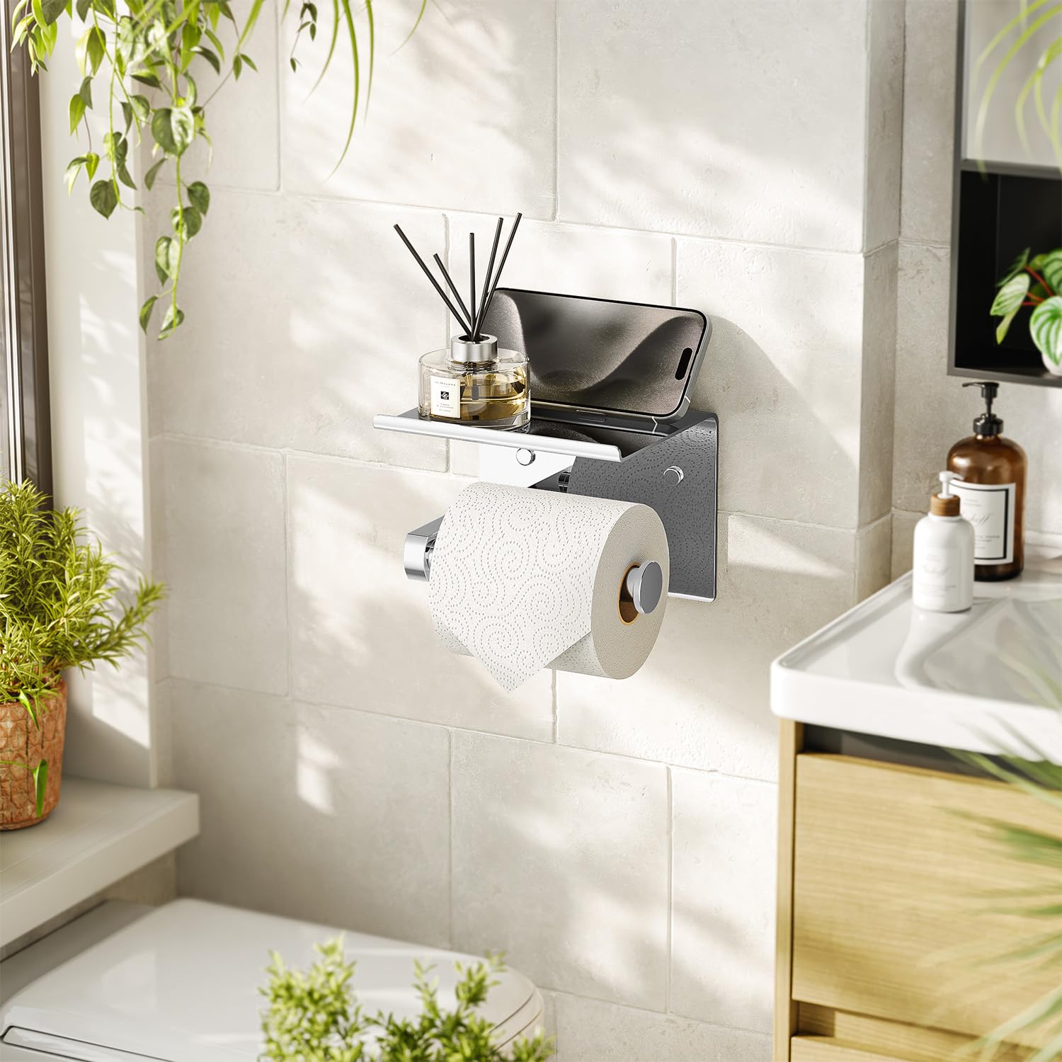 Tindbea Portarrollos de papel higiénico con estante para teléfono, adhesivo o tornillo, soporte para rollo de papel higiénico, resistente al óxido y multifuncional, dispensador de almacenamiento de