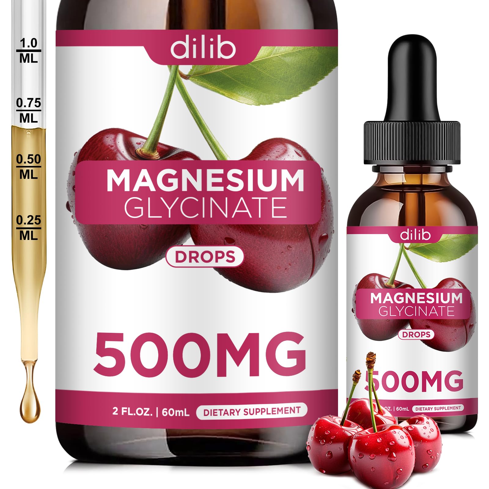Magnesium Glycinate Supplement, Magnesium Glycinate Liquid Drops 500mg with Calcium, Zinc, Vitamin B6, D3, L-Theanine, Omega 3 for Sleep, Mood, Stress Relief, Bone, Muscle, Cherry Flavor