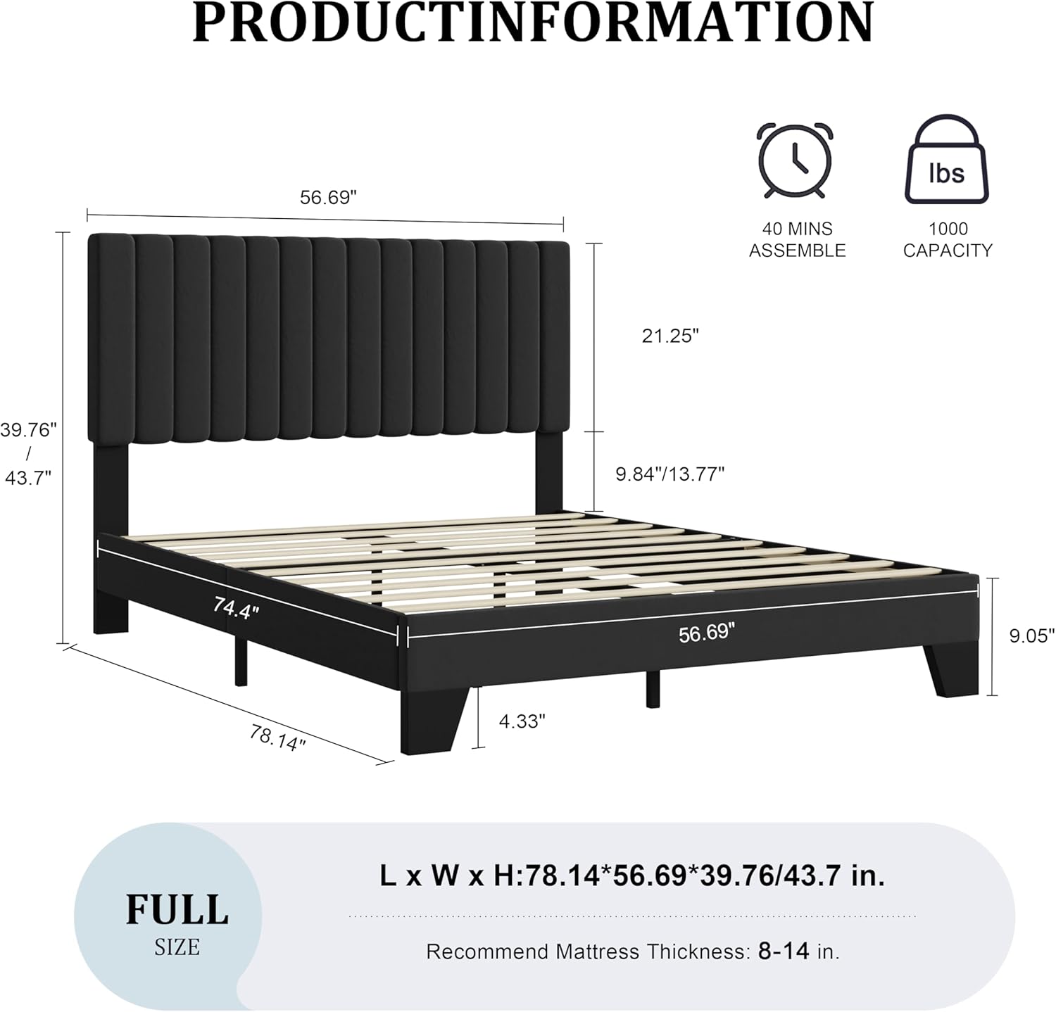 Full Size Bed Frame, Velvet Upholstered Platform Bed with Adjustable Tufted Headboard, Sturdy Frame and Slats, Noiseless, No Box Spring Required, Easy to Assemble, Black - Image 2