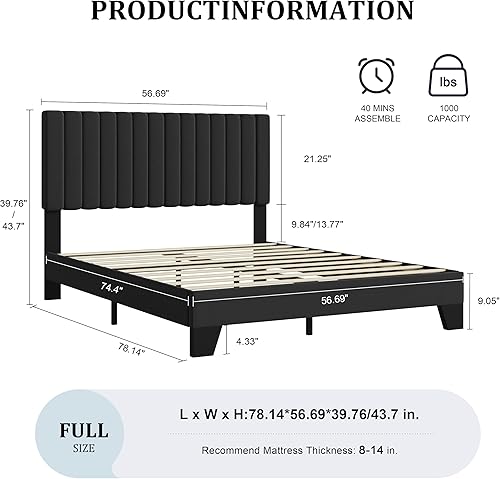 Miniatura 2 de Base de cama de tamaño matrimonial, cama de plataforma tapizada de terciopelo con cabecera ajustable copetuda, marco resistente y listones, Negro