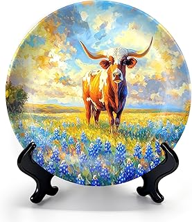 8" Ceramic Plates for Display Lonhorn Bluebonnet Field Texas Farm Texas Longhorn Flowers Decorative Plate with Stand and Hook for Kitchen Dining Room Cabinet Wall Hanging Decor Housewarming Gift