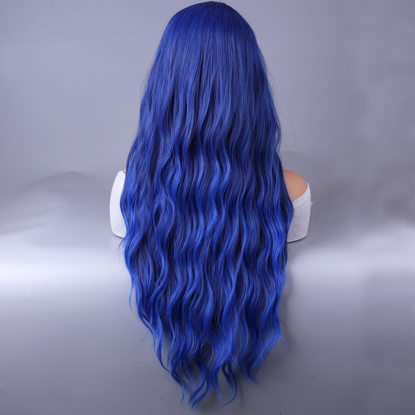 BERON Blue Long Wigs Curly Wavy Women Wigs with Bangs Dark Blue Heat Resistant Synthetic Wigs for Cosplay or Daily Wigs Wig Cap Included - Image 4