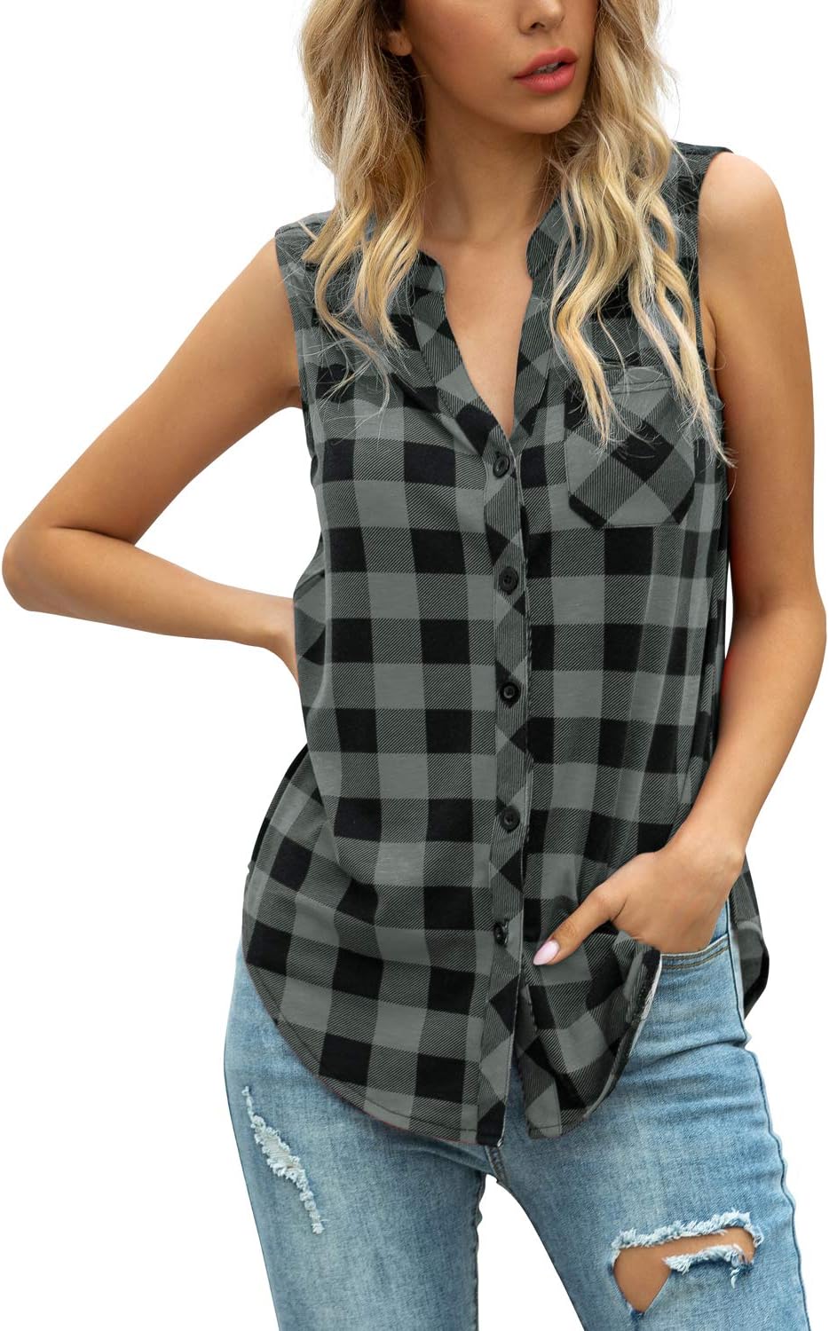 Women's Sleeveless Button Down V Neck Casual Plaid Shirts Tank Tops Blouse