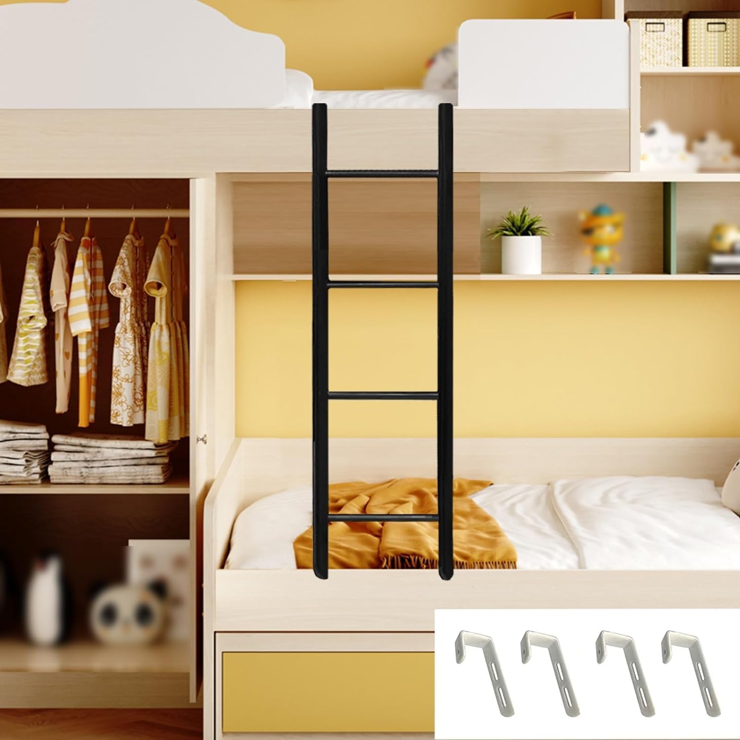 Black Bunk Bed Ladder for Home Dorm Bed, Climb Ladder with Hooks, 4/5 Step Hanging Bed Replacement Ladder(140cm(55"))