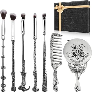 [7 PCS] Harry Makeup Brush Gift Set, With Silver Mirror, Comb, Handle Wizard Wand for Foundation Blush, Eyeshadow, Face Concealer, Eyeliner Contour, Powder Liquid Eye, Harry Gift for Girls Women
