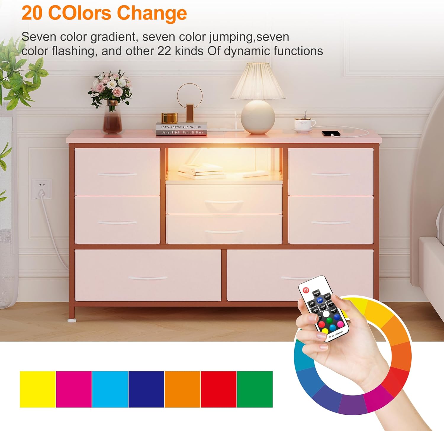 8-Drawer Iron + MDF + PB + Cationic Fabric TV Stand with 2 Power Outlets, 5-Foot Power Cords, RGB LED with 22 Display Modes, Lightweight & Portable Design, Large Storage Space with Deep Drawers