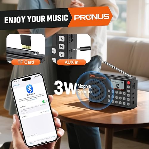 Miniatura 4 de PRUNUS J168 Radio portátil AM FM con Bluetooth, excelente recepción, preajuste, reproducción de tarjeta TF, temporizador de sueño, carga USB C,