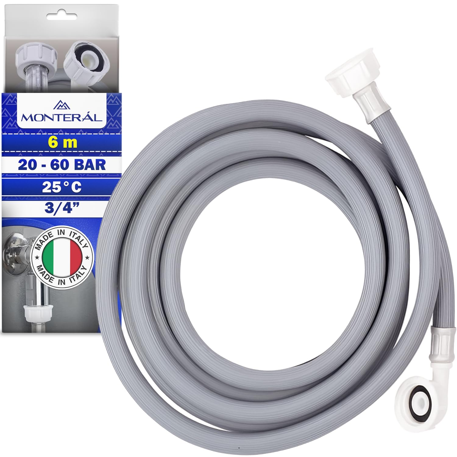 Zulaufschlauch Waschmaschine und Geschirrspüler 6 m Wasserschlauch für Temperaturen bis 25°C Druck von 20 bis 60 Bar Verbindung ist Gerade und Gewinkelt Ø 3/4 zoll - MADE IN ITALY - MONTERAL
