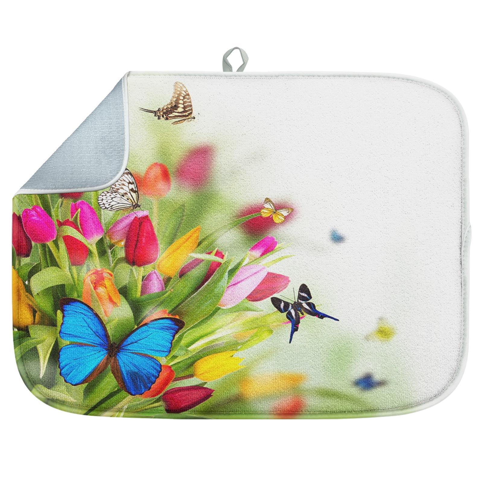 Sanwarm Absorbent Dish Drying Mat, Spring Flowers Butterflies Microfiber Pad for Kitchen Counter, Coffee Bar Decor, Heat Resistant and Reversible, 16"