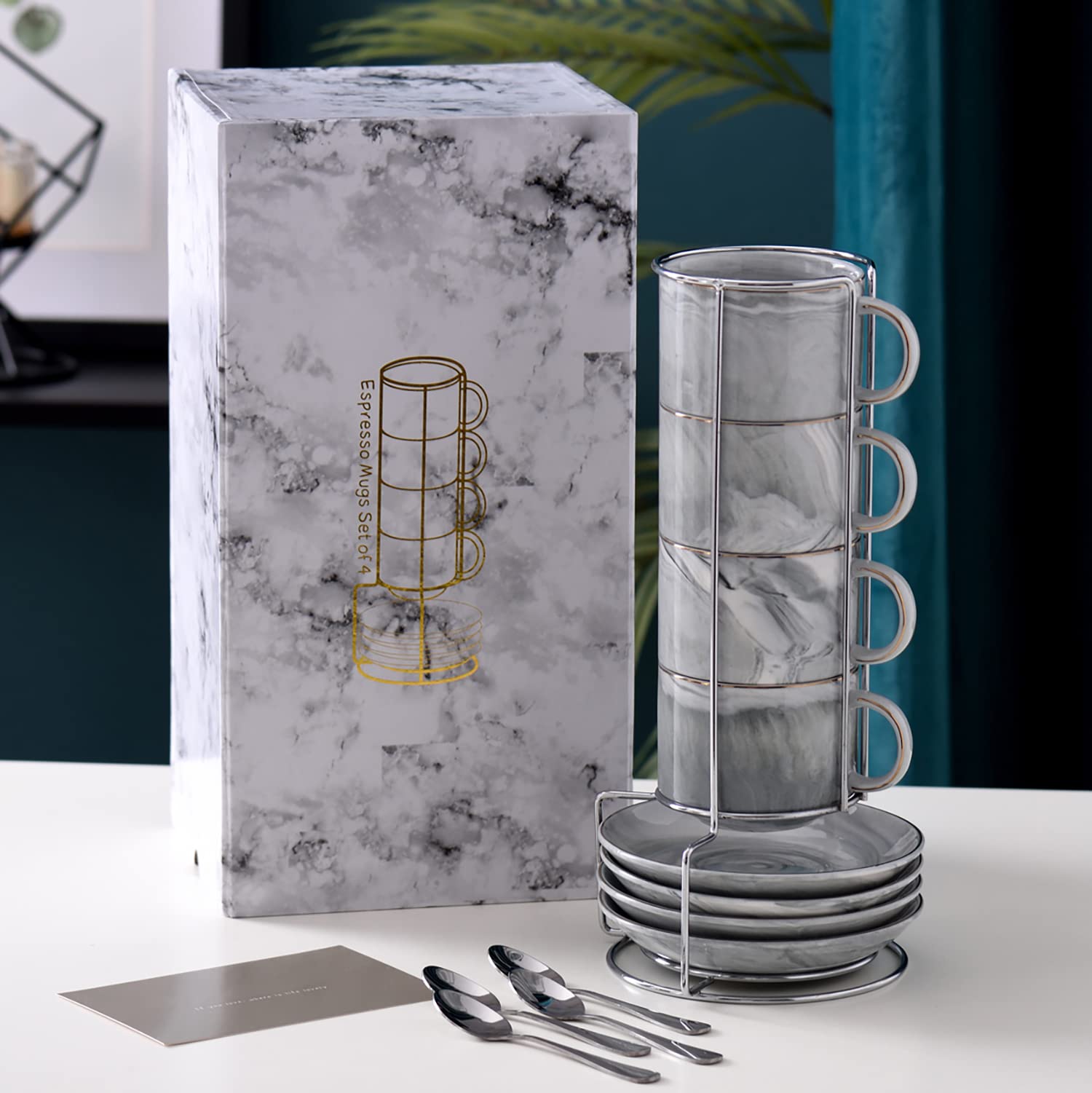 Espresso Mugs Set of 4 with Rack Marble Stackable Espresso Cups with Stand and Saucers Espresso Cups