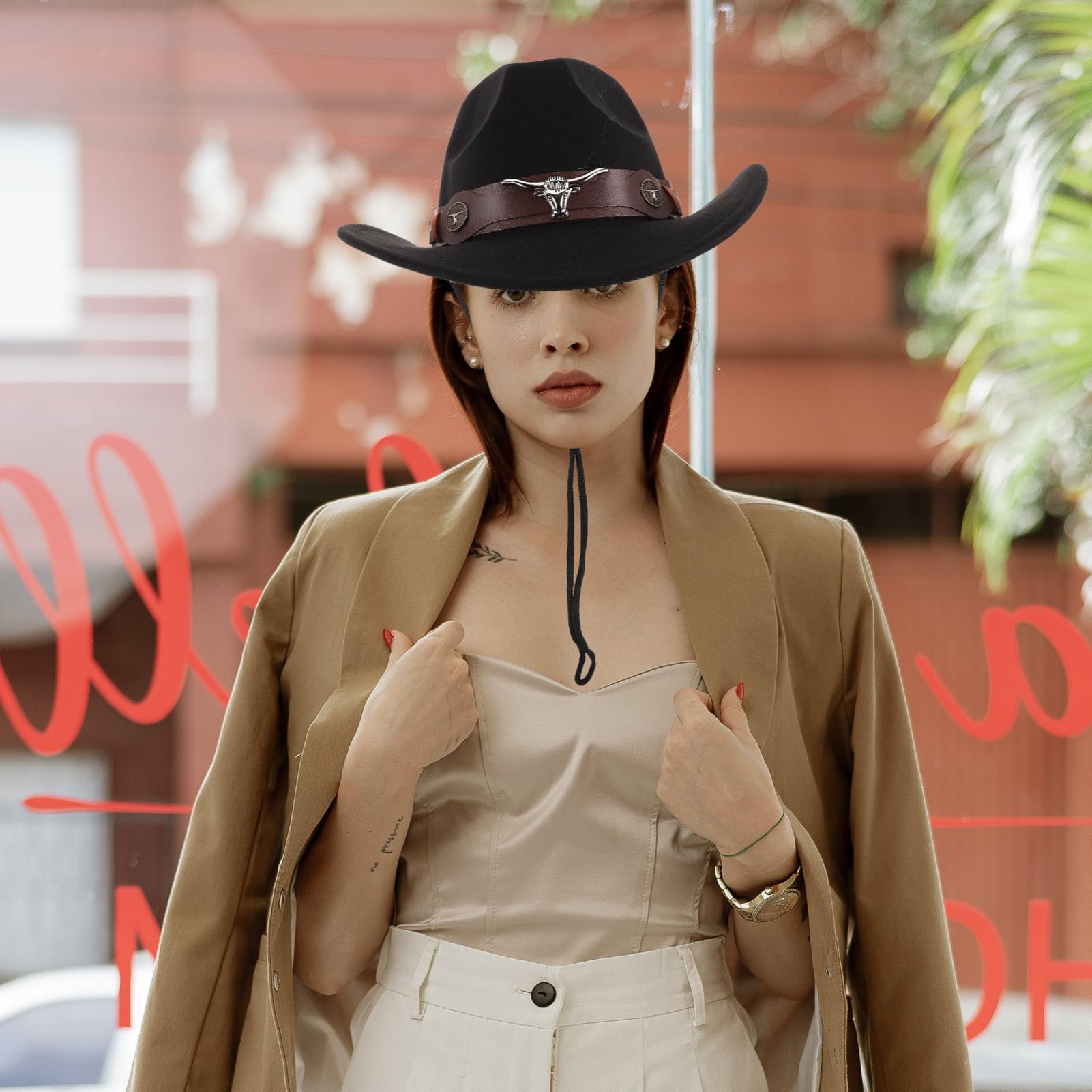 4pezzi Cappello Western da Uomo in Morbido Panno di Fibbia Regolabile per Protezione Solare Adatto Outfit Country e Eventi all Aperto