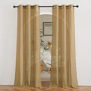NICETOWN Sheer Linen Curtains Flax Texture 84 inch Length, Grommet Semi Sheer Window Treatments Privacy with Light Filtering Drapes for Bedroom/Living Room, Camel, W36 x L84, 2 Panels