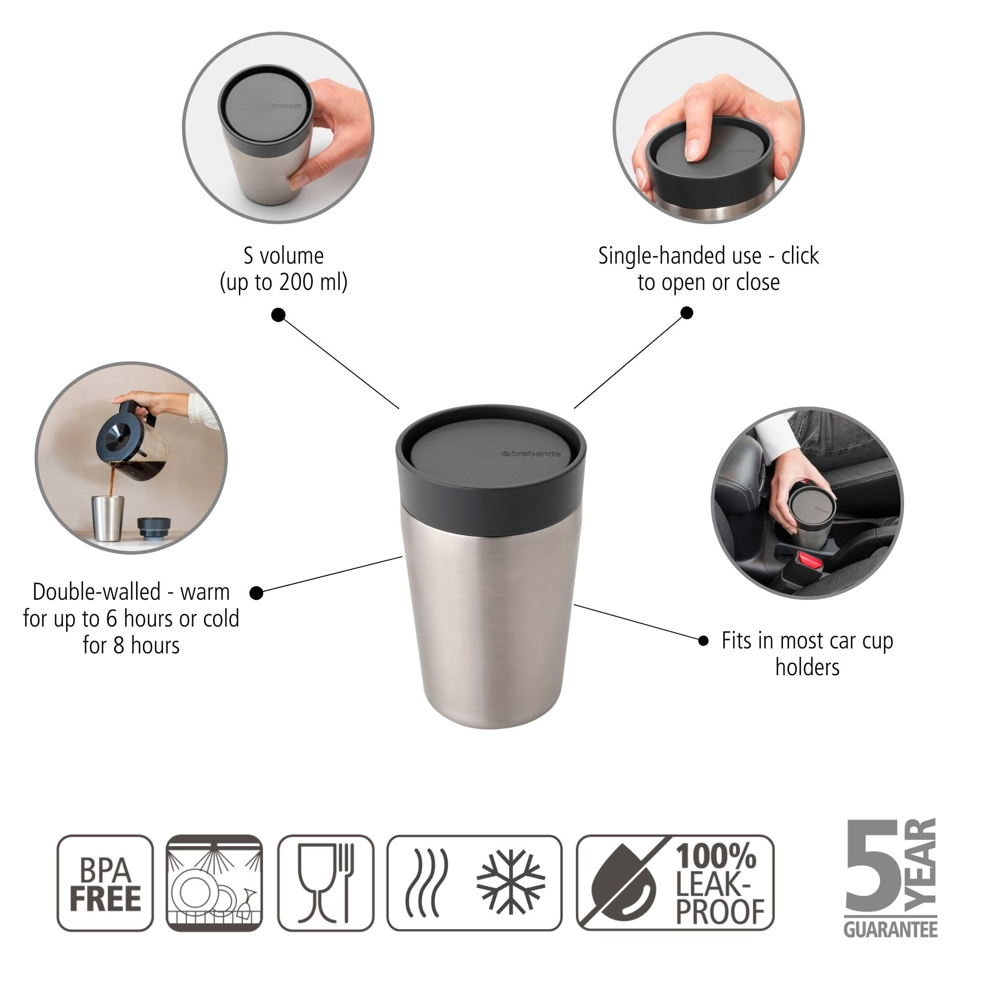 Brabantia, Make & Take Insulated Cup with Smart Click Lid, Keeps Drinks Hot for 3 Hours, Cold for 6 Hours - Image 2