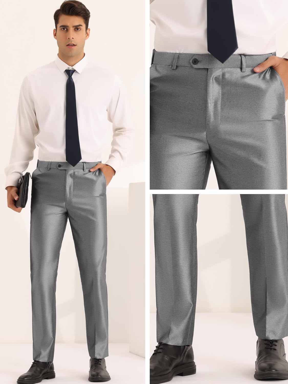 Lars Amadeus Dress Pants for Men's Classic Fit Solid Stretch Flat Front Work Business Trousers