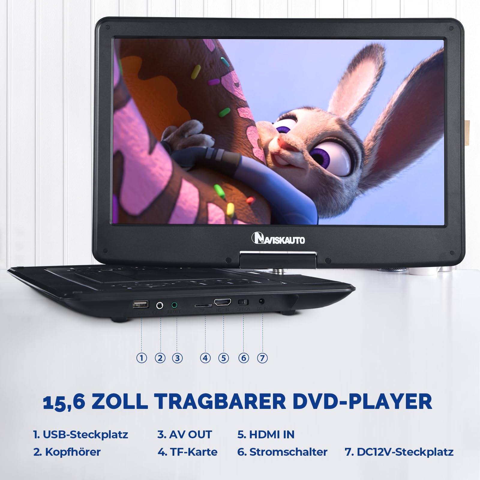 NAVISKAUTO 17,5'' Tragbarer DVD Player Auto Mit 15,6 Zoll HD Bildschirm, HDMI Eingang, 6 Stunden Akku, Mobiler DVD-Player Für Kinder Unterstützt USB, SD Karte, Sync TV/Projektor