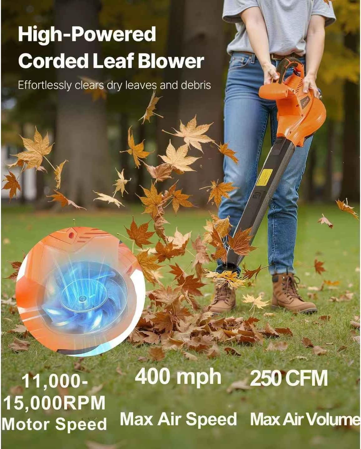 VEVOR 3 in 1 12 Amp Electric Leaf Blower, Leaf Vacuum and Mulcher for Lawn Care with Reusable Collection Bag and Wheeled Base