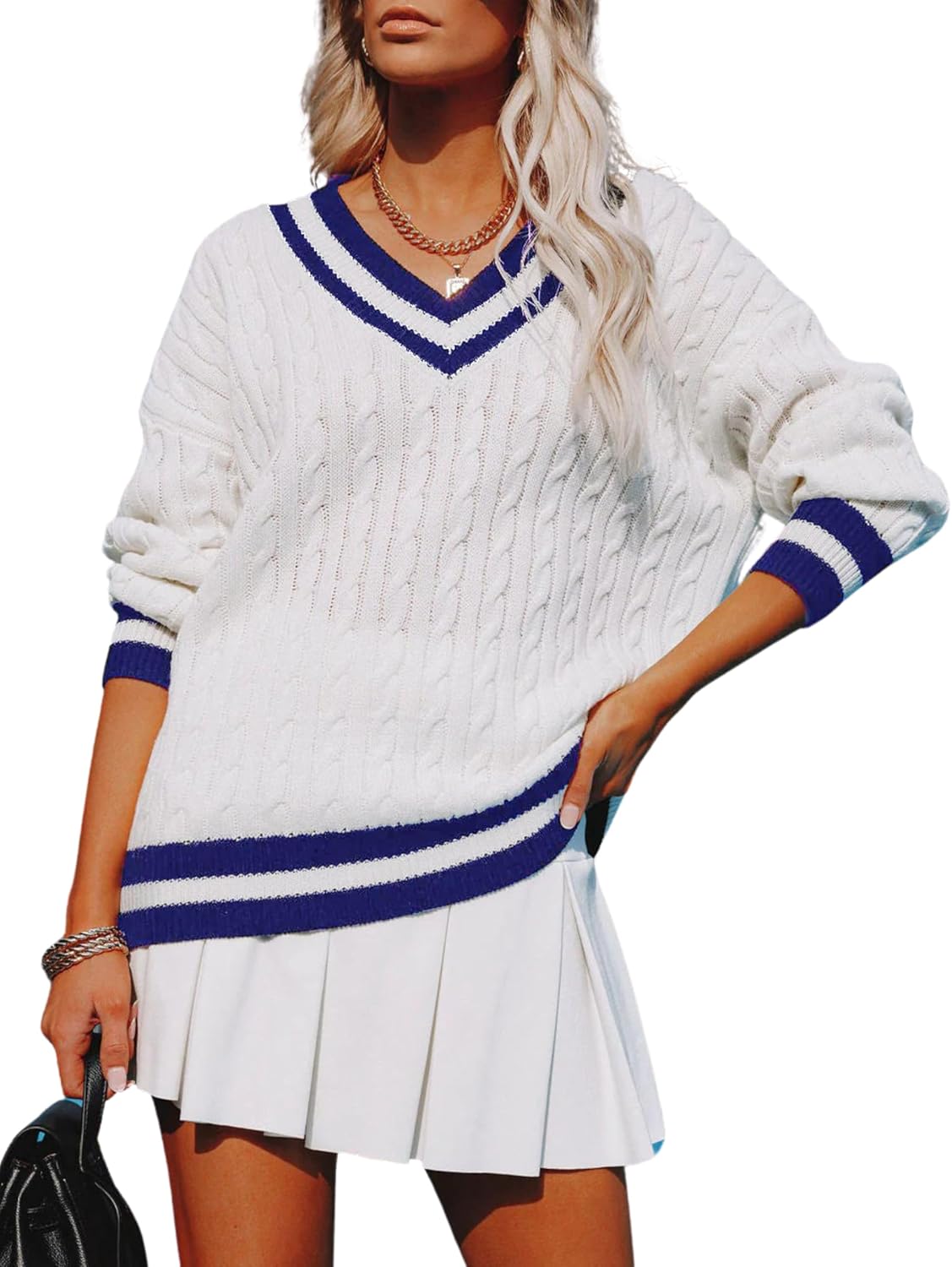 InterNos Women's Casual V Neck Long Sleeve Sweater Trendy Striped Pullover Cable Knit Preppy Sweaters