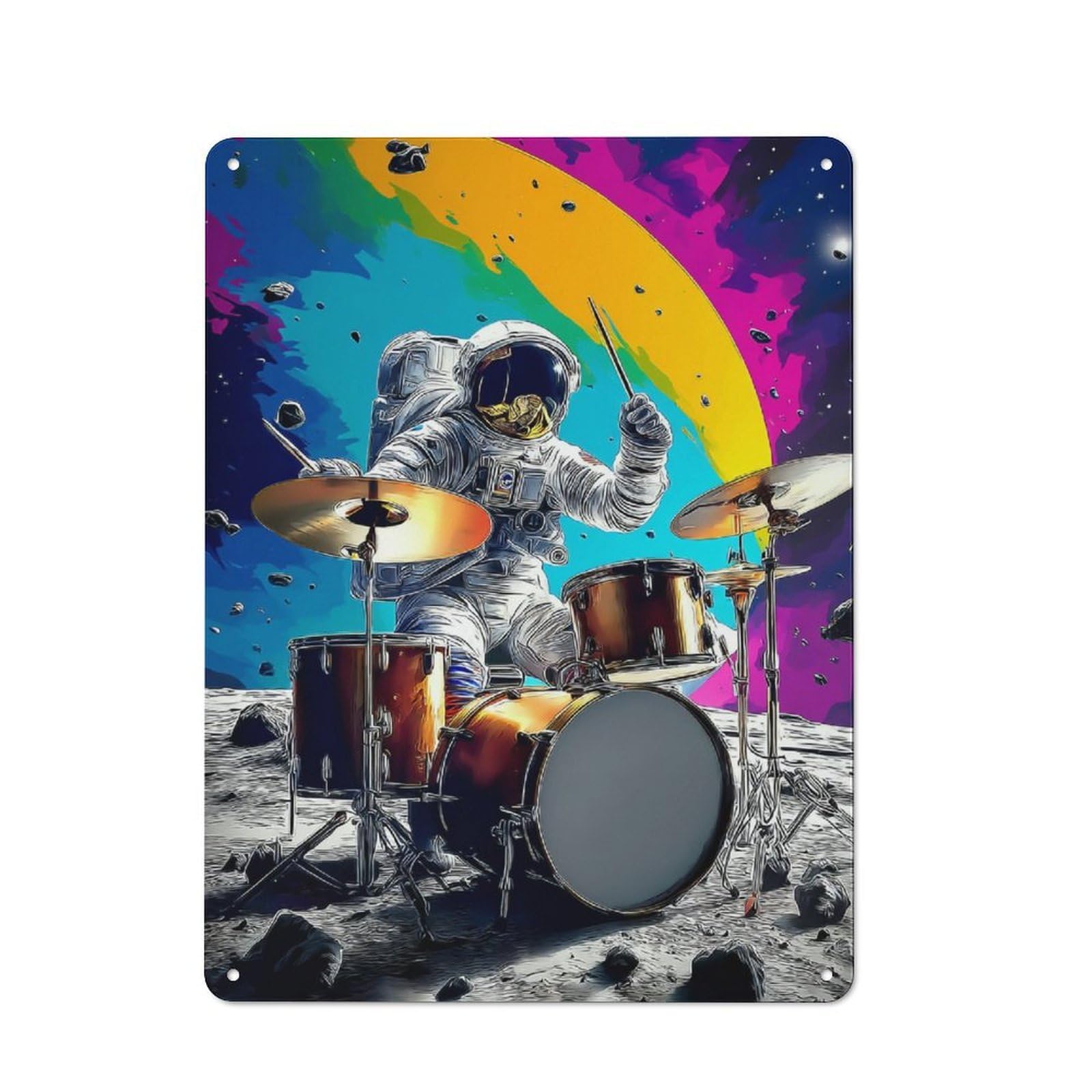 Junmoney Astronaut Drummer In Space -1 Shop Front Style Metal Wall Decor 40X30cm, Vintage Metal Sign For Tea Room, Shop Wall Or Breakfast Area