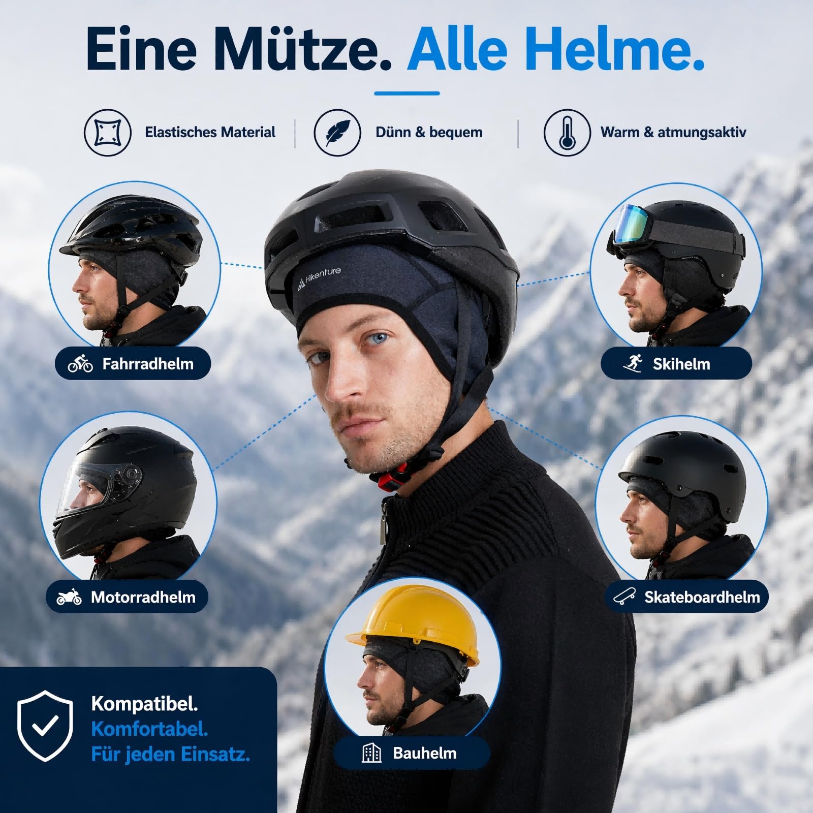 HIKENTURE Czapka zimowa | Wiatroszczelna zimowa czapka rowerowa | Ciepła Czapka Rowerowa | Podkoszulek pod kask męski/damski do kasków rowerowych Kask narciarski Kask wspinaczkowy | Czapka sportowa