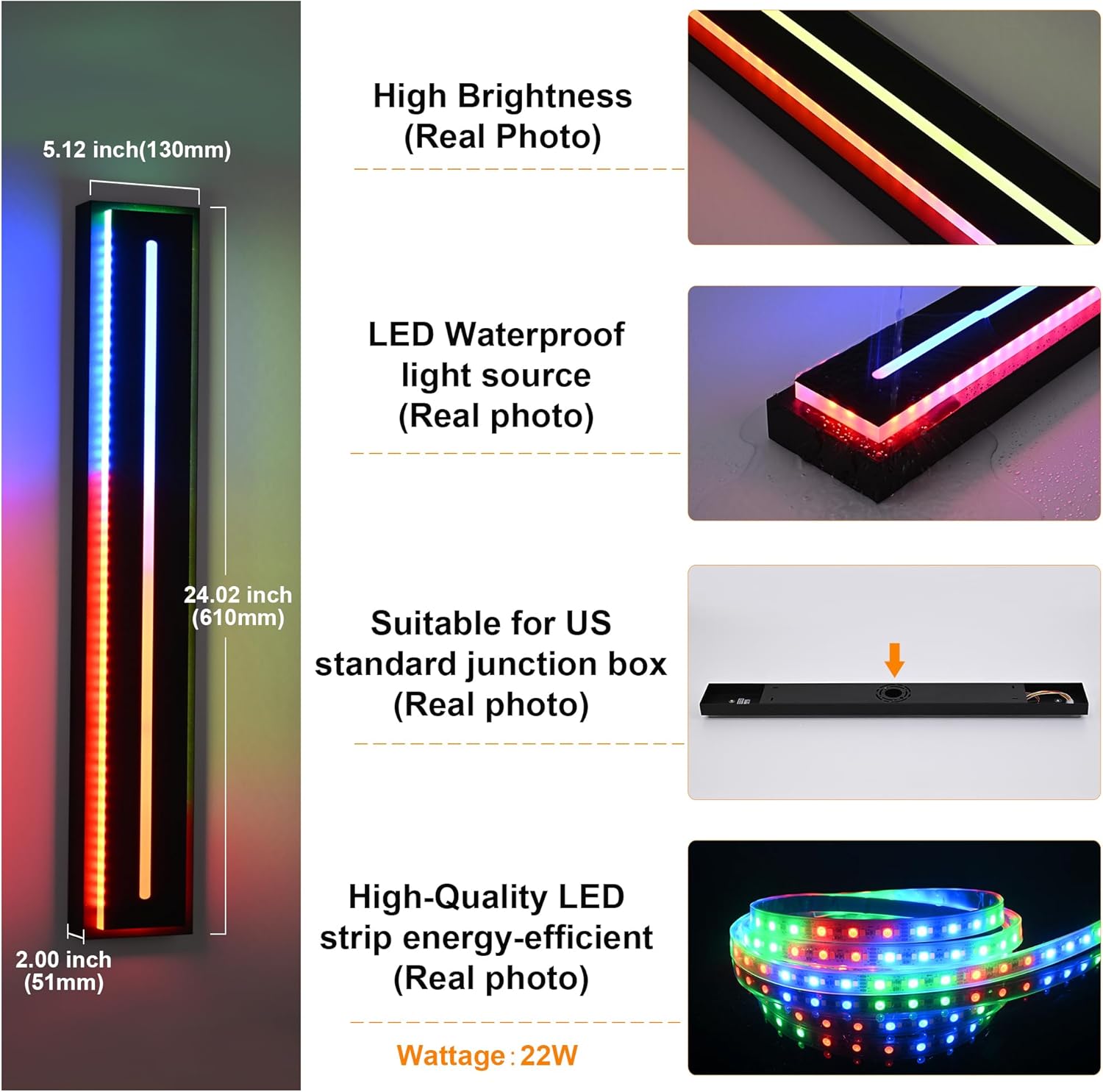 VINLUZ 2 Pack Outdoor RGB Long Wall Lights,Smart 24inch RGB/Warm/White Dimmable Modern Led Wall Mounted Lighting Ip65 Waterproof Long Wall Sconce with Remote Control for Party Gathering