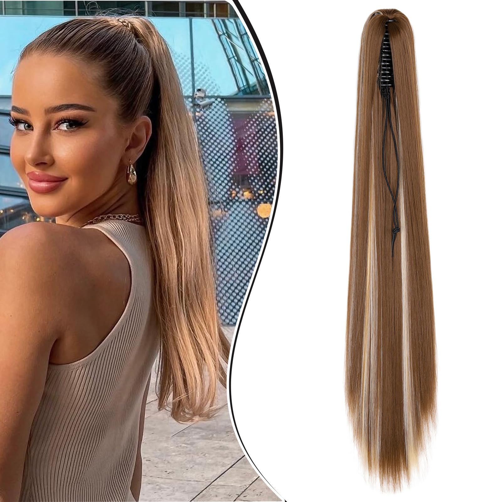 Dcbaboo 22inch Claw Clip in Ponytail Hair Extensions Long Straight Ponytail Extension Synthetic Pony tails Natural Wave One Piece Hairpiece Fake Ponytail for Women Golden Brown&Bleach Blonde