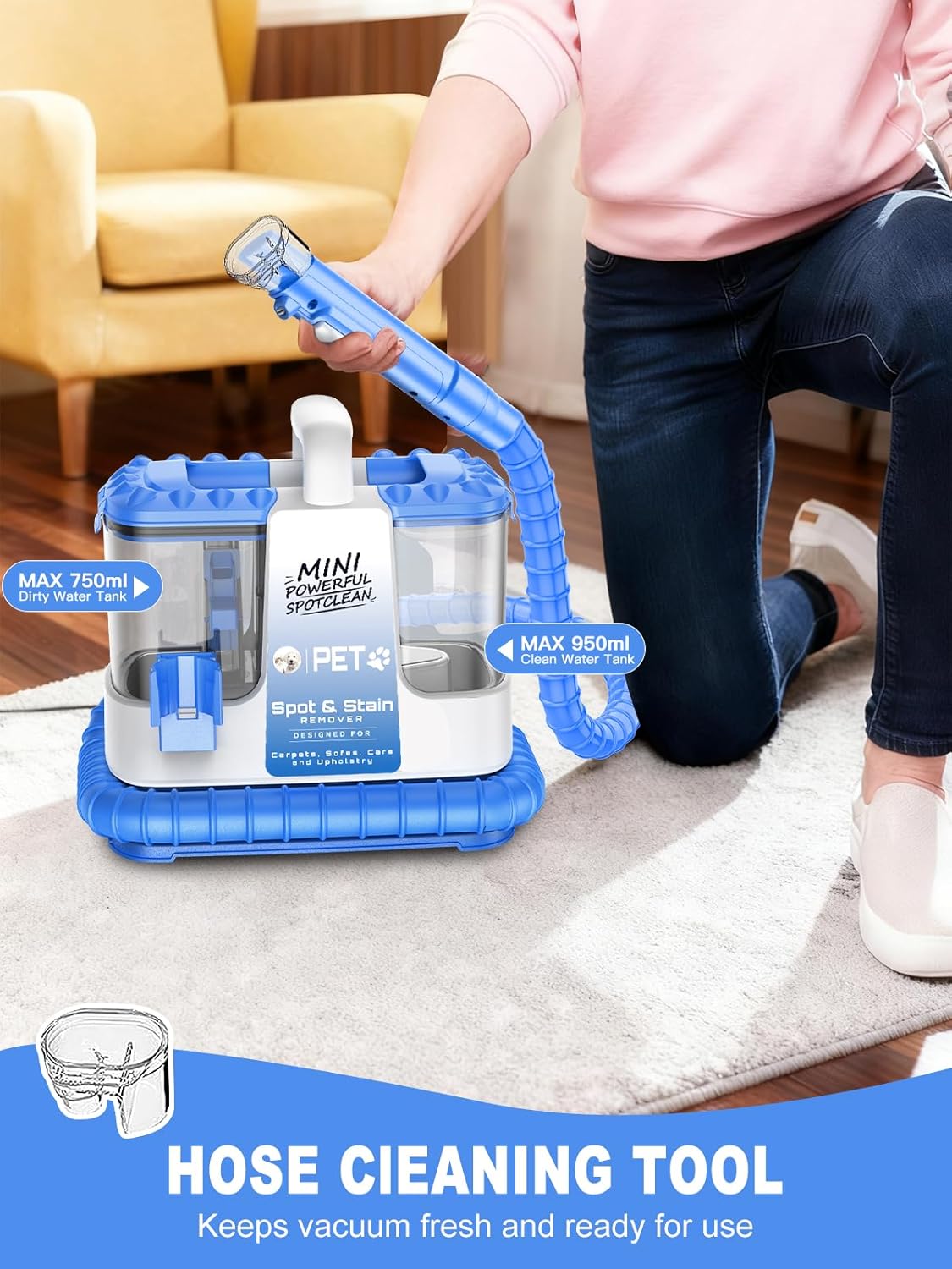 Carpet Cleaner Machine, 20Kpa Powerful Suction with 5 Cleaning Tools, Cleaning Solution, Car/Auto Detailer, Lightweight Compact Design for Rug, Carpet, Car Seats, Pets, Stairs, Couches,Blue